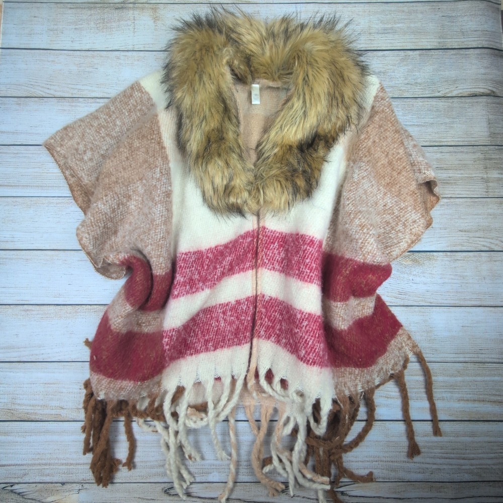 Cato Plaid Poncho Wrap Faux‎ Fur Collar Fringe Tan Burgundy OS boho Western
